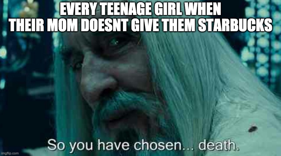 So you have chosen death | EVERY TEENAGE GIRL WHEN THEIR MOM DOESNT GIVE THEM STARBUCKS | image tagged in so you have chosen death | made w/ Imgflip meme maker