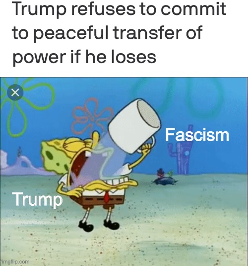 Made one for DeSantis, have to make one for Trump. | Fascism; Trump | image tagged in spongebob drinking water,fascism,donald trump,dictator,authoritarian,election 2020 | made w/ Imgflip meme maker