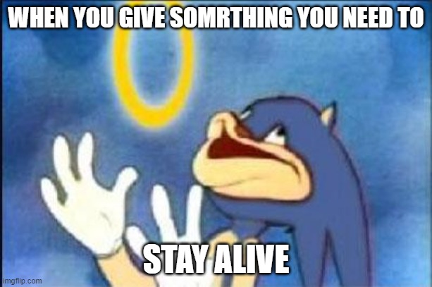 Sonic derp | WHEN YOU GIVE SOMRTHING YOU NEED TO; STAY ALIVE | image tagged in sonic derp | made w/ Imgflip meme maker