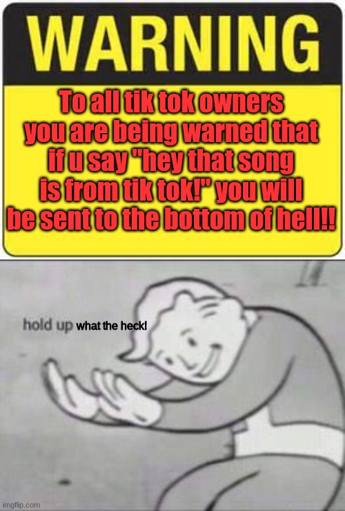 this is a fair warning!!??? | To all tik tok owners you are being warned that if u say "hey that song is from tik tok!" you will be sent to the bottom of hell!! what the heck! | image tagged in blank warning sign,fallout hold up | made w/ Imgflip meme maker