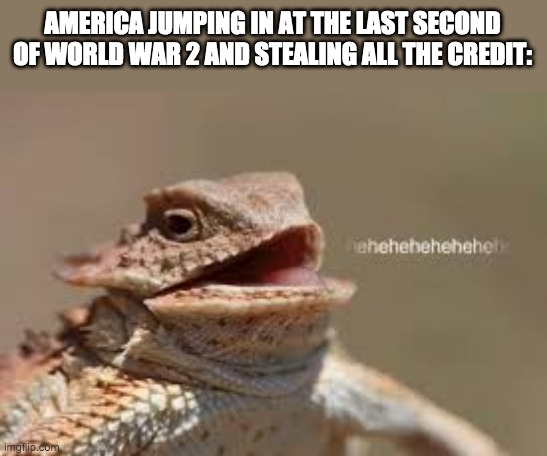 We kind did steal most of the credit | AMERICA JUMPING IN AT THE LAST SECOND OF WORLD WAR 2 AND STEALING ALL THE CREDIT: | image tagged in heheheheh dragon | made w/ Imgflip meme maker