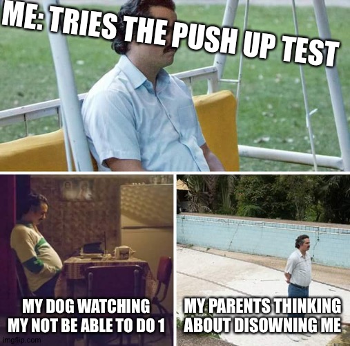 Sad Pablo Escobar | ME: TRIES THE PUSH UP TEST; MY DOG WATCHING MY NOT BE ABLE TO DO 1; MY PARENTS THINKING ABOUT DISOWNING ME | image tagged in memes,sad pablo escobar | made w/ Imgflip meme maker