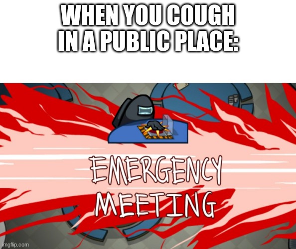 WHO COUGHED? | WHEN YOU COUGH IN A PUBLIC PLACE: | image tagged in emergency meeting | made w/ Imgflip meme maker