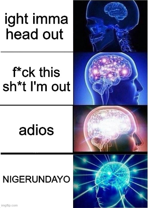 pp | ight imma head out; f*ck this sh*t I'm out; adios; NIGERUNDAYO | image tagged in memes,expanding brain | made w/ Imgflip meme maker