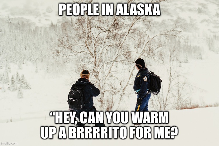 Wait, what? | PEOPLE IN ALASKA; “HEY, CAN YOU WARM UP A BRRRRITO FOR ME? | image tagged in alaska,cold,cold weather,snow,skier | made w/ Imgflip meme maker
