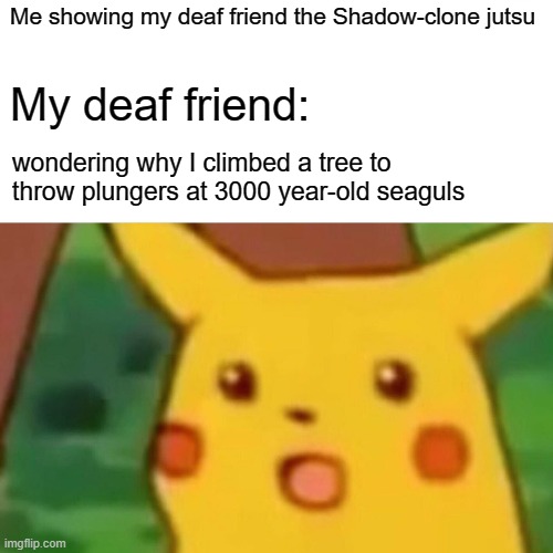 imagine... | Me showing my deaf friend the Shadow-clone jutsu; My deaf friend:; wondering why I climbed a tree to throw plungers at 3000 year-old seaguls | image tagged in memes,surprised pikachu,plunger,deaf | made w/ Imgflip meme maker