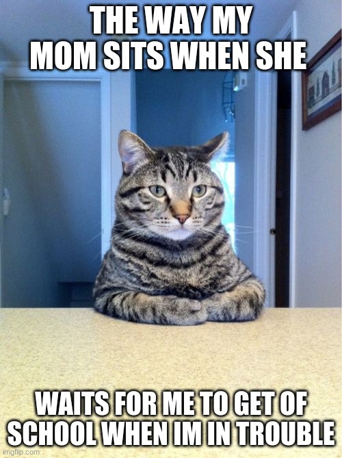 Take A Seat Cat | THE WAY MY MOM SITS WHEN SHE; WAITS FOR ME TO GET OF SCHOOL WHEN IM IN TROUBLE | image tagged in memes,take a seat cat | made w/ Imgflip meme maker