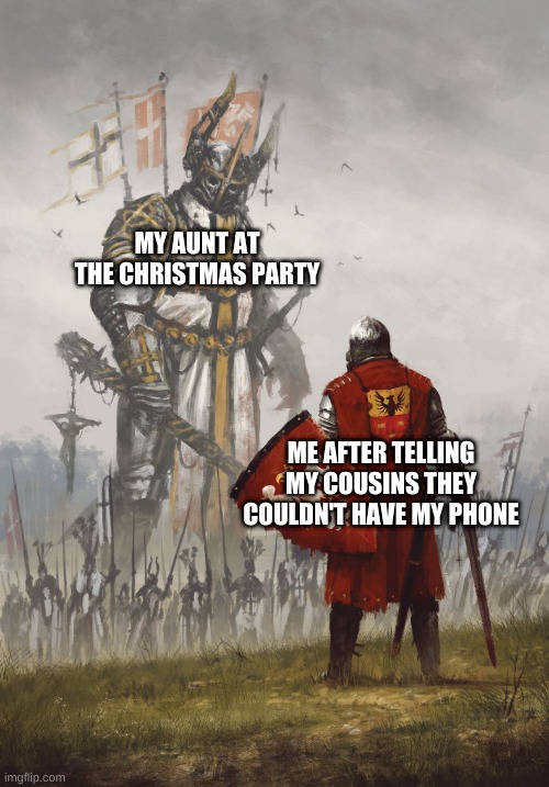 the Christmas party | MY AUNT AT THE CHRISTMAS PARTY; ME AFTER TELLING MY COUSINS THEY COULDN'T HAVE MY PHONE | image tagged in big monster small dude meme | made w/ Imgflip meme maker