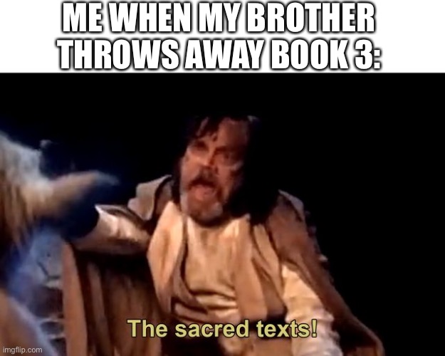 The sacred texts! | ME WHEN MY BROTHER THROWS AWAY BOOK 3: | image tagged in the sacred texts | made w/ Imgflip meme maker