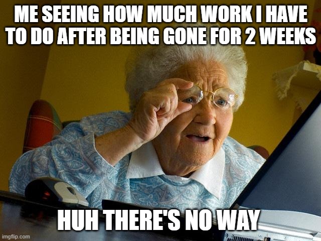 Grandma Finds The Internet Meme | ME SEEING HOW MUCH WORK I HAVE TO DO AFTER BEING GONE FOR 2 WEEKS; HUH THERE'S NO WAY | image tagged in memes,grandma finds the internet | made w/ Imgflip meme maker