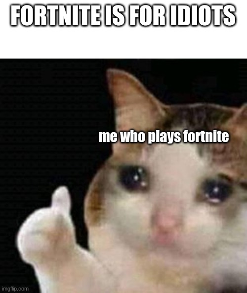 Me | FORTNITE IS FOR IDIOTS; me who plays fortnite | image tagged in sad thumbs up cat | made w/ Imgflip meme maker