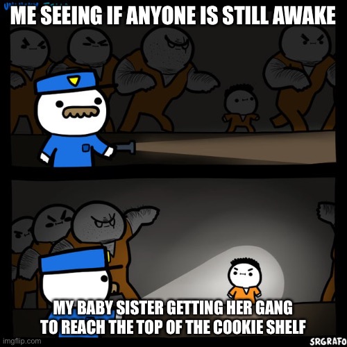 Srgrafo prison |  ME SEEING IF ANYONE IS STILL AWAKE; MY BABY SISTER GETTING HER GANG TO REACH THE TOP OF THE COOKIE SHELF | image tagged in srgrafo prison | made w/ Imgflip meme maker