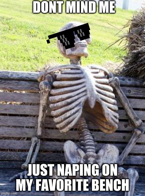 Waiting Skeleton | DONT MIND ME; JUST NAPING ON MY FAVORITE BENCH | image tagged in memes,waiting skeleton | made w/ Imgflip meme maker