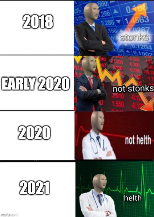 2018-2021 by Stonksboi | 2018; EARLY 2020; 2020; 2021 | image tagged in stonk and helth | made w/ Imgflip meme maker