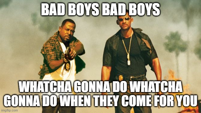bad boys | BAD BOYS BAD BOYS; WHATCHA GONNA DO WHATCHA GONNA DO WHEN THEY COME FOR YOU | image tagged in bad boys | made w/ Imgflip meme maker