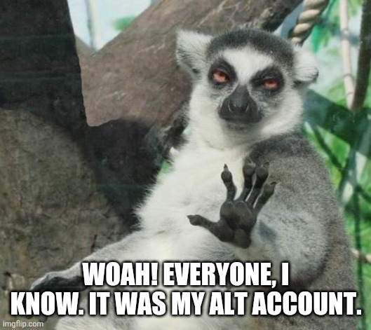 Stoner Lemur Meme | WOAH! EVERYONE, I KNOW. IT WAS MY ALT ACCOUNT. | image tagged in memes,stoner lemur | made w/ Imgflip meme maker