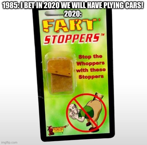 Fart stoppers | 1985: I BET IN 2020 WE WILL HAVE PLYING CARS!
2020: | image tagged in 2020 sucks | made w/ Imgflip meme maker