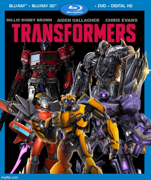 Transformers reboot (2022) concept! Also featuring the vocal talents of Peter Cullen and Frank Welker. | AIDEN GALLAGHER; CHRIS EVANS; MILLIE BOBBY BROWN | image tagged in transparent dvd case,transformers,reboot | made w/ Imgflip meme maker