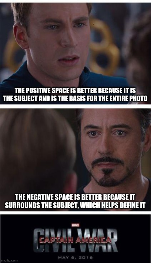 Marvel Civil War 1 | THE POSITIVE SPACE IS BETTER BECAUSE IT IS THE SUBJECT AND IS THE BASIS FOR THE ENTIRE PHOTO; THE NEGATIVE SPACE IS BETTER BECAUSE IT SURROUNDS THE SUBJECT, WHICH HELPS DEFINE IT | image tagged in memes,marvel civil war 1 | made w/ Imgflip meme maker