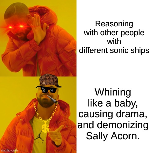 Most Sonamy fans in a nutshell | Reasoning with other people with different sonic ships; Whining like a baby, causing drama, and demonizing Sally Acorn. | image tagged in memes,drake hotline bling,sonamy,sally acorn,sonic the hedgehog | made w/ Imgflip meme maker