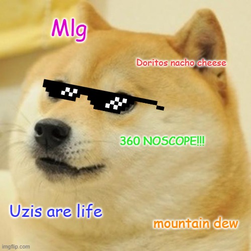 Mlg doge | Mlg; Doritos nacho cheese; 360 NOSCOPE!!! Uzis are life; mountain dew | image tagged in memes,doge | made w/ Imgflip meme maker