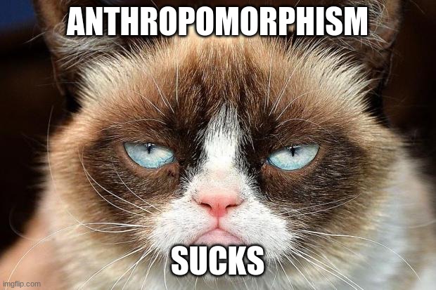 Grumpy Cat Not Amused | ANTHROPOMORPHISM; SUCKS | image tagged in memes,grumpy cat not amused,grumpy cat | made w/ Imgflip meme maker