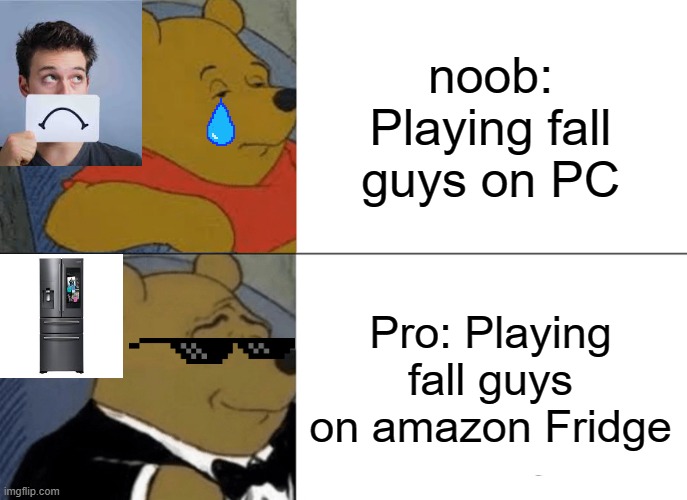 Tuxedo Winnie The Pooh | noob: Playing fall guys on PC; Pro: Playing fall guys on amazon Fridge | image tagged in memes,tuxedo winnie the pooh | made w/ Imgflip meme maker