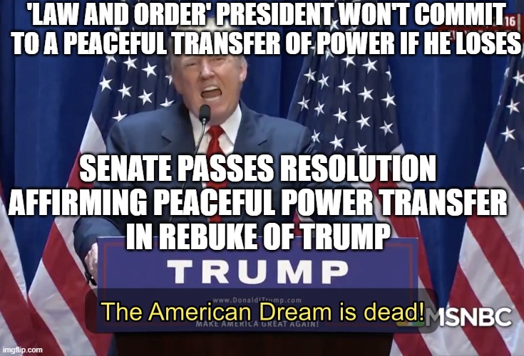 'Law and Order' President won't commit to a peaceful transfer of power if he loses; Senate Passes Resolution In Rebuke Of Trump | 'LAW AND ORDER' PRESIDENT WON'T COMMIT TO A PEACEFUL TRANSFER OF POWER IF HE LOSES; SENATE PASSES RESOLUTION
AFFIRMING PEACEFUL POWER TRANSFER
IN REBUKE OF TRUMP | image tagged in the american dream is dead | made w/ Imgflip meme maker