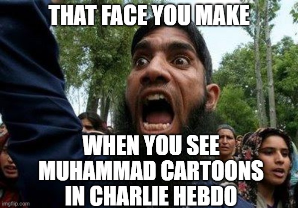 That face you make... when you see Muhammad cartoons in Charlie Hebdo | THAT FACE YOU MAKE; WHEN YOU SEE
MUHAMMAD CARTOONS
IN CHARLIE HEBDO | image tagged in angry muslim | made w/ Imgflip meme maker