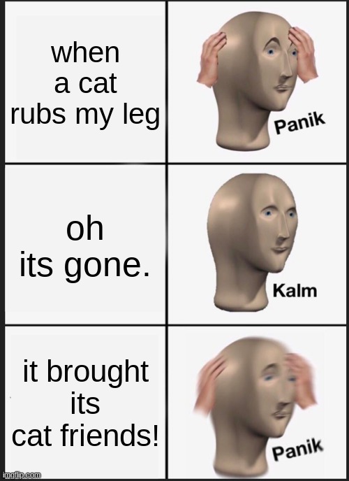 Panik Kalm Panik Meme | when a cat rubs my leg; oh its gone. it brought its cat friends! | image tagged in memes,panik kalm panik | made w/ Imgflip meme maker