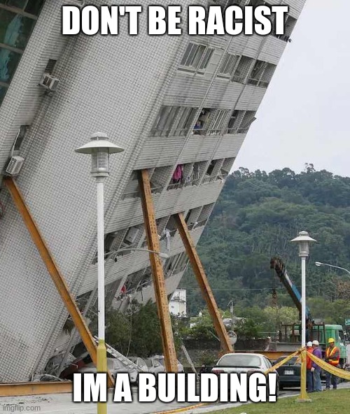 Building collapse | DON'T BE RACIST IM A BUILDING! | image tagged in building collapse | made w/ Imgflip meme maker