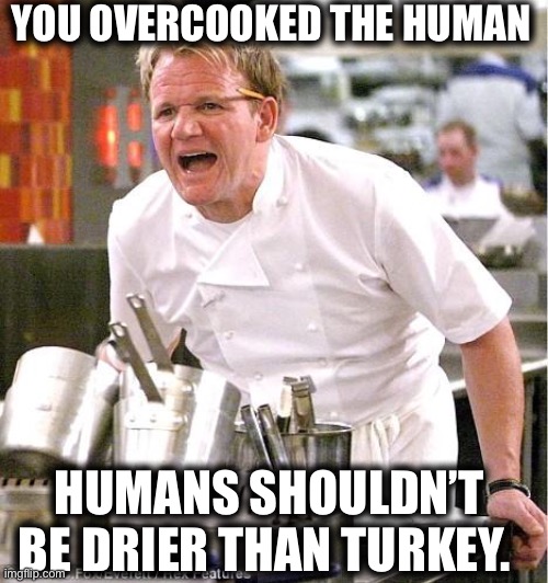 Chef Gordon Ramsay Meme | YOU OVERCOOKED THE HUMAN HUMANS SHOULDN’T BE DRIER THAN TURKEY. | image tagged in memes,chef gordon ramsay | made w/ Imgflip meme maker