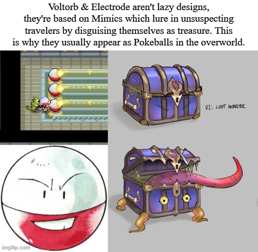 Voltorb & Electrode aren't lazy designs, they're based on Mimics which lure in unsuspecting travelers by disguising themselves as treasure. This is why they usually appear as Pokeballs in the overworld. | image tagged in pokemon,memes,pokemon memes,pokemon logic | made w/ Imgflip meme maker