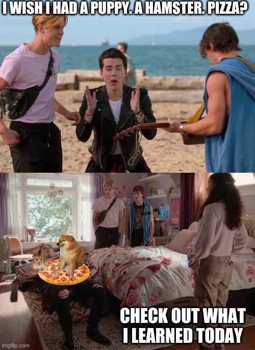 Julie and the Phantoms: Reggie's wishes come true | I WISH I HAD A PUPPY. A HAMSTER. PIZZA? CHECK OUT WHAT I LEARNED TODAY | image tagged in netflix | made w/ Imgflip meme maker