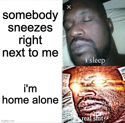 Sleeping Shaq | somebody sneezes right next to me; i'm home alone | image tagged in memes,sleeping shaq | made w/ Imgflip meme maker