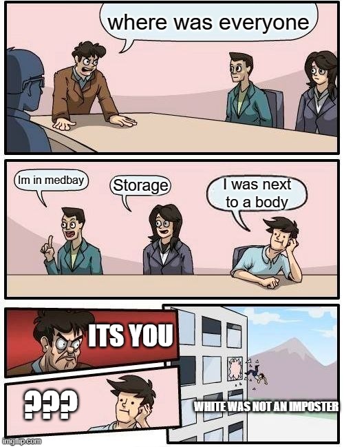 among us | where was everyone; Im in medbay; Storage; I was next to a body; ITS YOU; ??? WHITE WAS NOT AN IMPOSTER | image tagged in memes,boardroom meeting suggestion | made w/ Imgflip meme maker