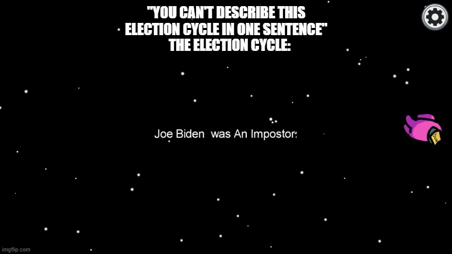 "YOU CAN'T DESCRIBE THIS ELECTION CYCLE IN ONE SENTENCE"; THE ELECTION CYCLE: | image tagged in among us | made w/ Imgflip meme maker