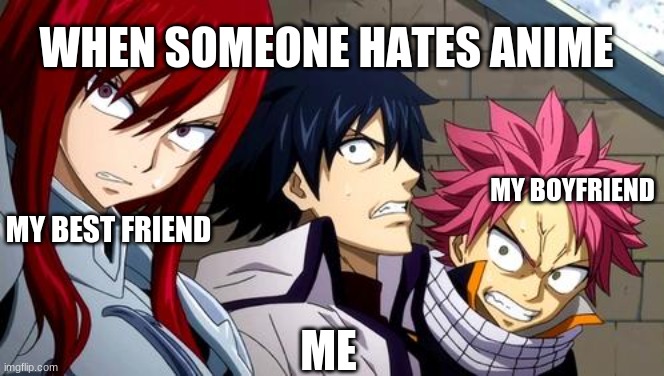 Anime is Not Cartoon | WHEN SOMEONE HATES ANIME; MY BOYFRIEND; MY BEST FRIEND; ME | image tagged in anime is not cartoon | made w/ Imgflip meme maker