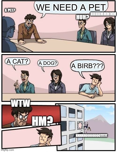 WE NEED A PET | WE NEED A PET; A PET? HHHHMMMMM; HUH? A CAT? A DOG? A BIRB??? WTW; HM? NNNNNOOOOOOO!!!!!!! | image tagged in memes,boardroom meeting suggestion | made w/ Imgflip meme maker