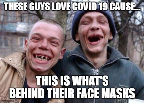 QUICK!! COVER THAT UGLY SHIT UP... | THESE GUYS LOVE COVID 19 CAUSE... THIS IS WHAT'S BEHIND THEIR FACE MASKS | image tagged in ugly twins,toothless,covid19 | made w/ Imgflip meme maker
