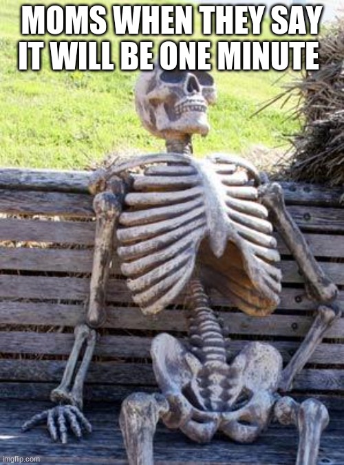 Waiting Skeleton | MOMS WHEN THEY SAY IT WILL BE ONE MINUTE | image tagged in memes,waiting skeleton | made w/ Imgflip meme maker