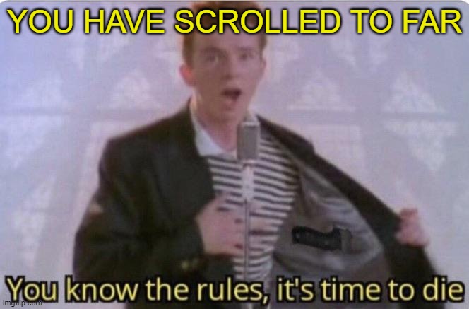 you know the rules its time to die | YOU HAVE SCROLLED TO FAR | image tagged in you know the rules its time to die,rick astley,rick roll,rick rolled | made w/ Imgflip meme maker