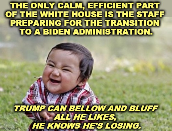 Moving day | THE ONLY CALM, EFFICIENT PART 
OF THE WHITE HOUSE IS THE STAFF 
PREPARING FOR THE TRANSITION 
TO A BIDEN ADMINISTRATION. TRUMP CAN BELLOW AND BLUFF 
ALL HE LIKES, 
HE KNOWS HE'S LOSING. | image tagged in memes,evil toddler,trump,white house,moving on | made w/ Imgflip meme maker