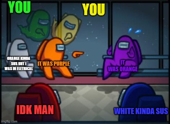 Among us blame | YOU; YOU; ORANGE KINDA SUS BUT I WAS IN ELETRICAL; IT WAS PURPLE; IT WAS ORANGE; IDK MAN; WHITE KINDA SUS | image tagged in among us blame | made w/ Imgflip meme maker