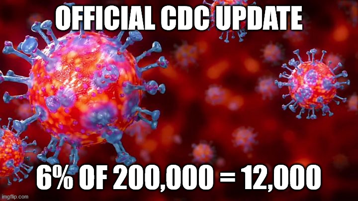 6% | OFFICIAL CDC UPDATE; 6% OF 200,000 = 12,000 | image tagged in corona real numbers | made w/ Imgflip meme maker