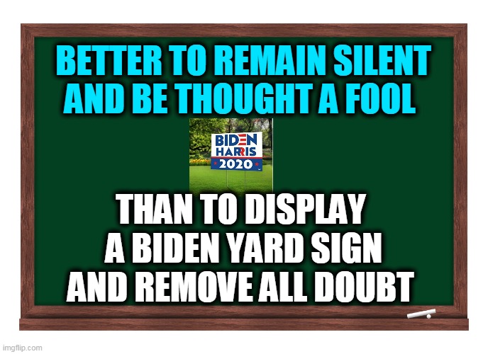PSA of the Day | BETTER TO REMAIN SILENT AND BE THOUGHT A FOOL; THAN TO DISPLAY 
A BIDEN YARD SIGN
AND REMOVE ALL DOUBT | image tagged in politics,political meme,joe biden,election 2020,public service announcement,advice | made w/ Imgflip meme maker