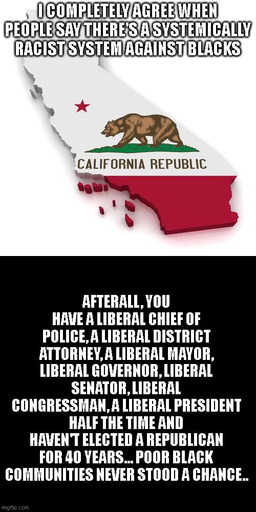 California | I COMPLETELY AGREE WHEN PEOPLE SAY THERE'S A SYSTEMICALLY RACIST SYSTEM AGAINST BLACKS; AFTERALL, YOU HAVE A LIBERAL CHIEF OF POLICE, A LIBERAL DISTRICT ATTORNEY, A LIBERAL MAYOR, LIBERAL GOVERNOR, LIBERAL SENATOR, LIBERAL CONGRESSMAN, A LIBERAL PRESIDENT HALF THE TIME AND HAVEN'T ELECTED A REPUBLICAN FOR 40 YEARS... POOR BLACK COMMUNITIES NEVER STOOD A CHANCE.. | image tagged in california | made w/ Imgflip meme maker