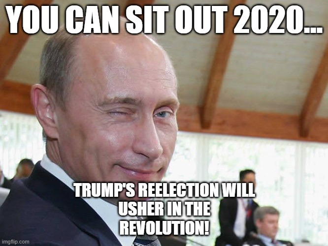 You Can Sit Out 2020 | YOU CAN SIT OUT 2020... TRUMP'S REELECTION WILL
USHER IN THE
REVOLUTION! | image tagged in vladimir putin,election 2020,voting | made w/ Imgflip meme maker