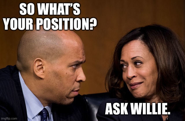 Corey Booker and Kamala Harris | SO WHAT’S YOUR POSITION? ASK WILLIE. | image tagged in corey booker and kamala harris | made w/ Imgflip meme maker