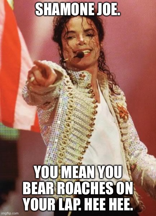 Michael Jackson Pointing | SHAMONE JOE. YOU MEAN YOU BEAR ROACHES ON YOUR LAP. HEE HEE. | image tagged in michael jackson pointing | made w/ Imgflip meme maker